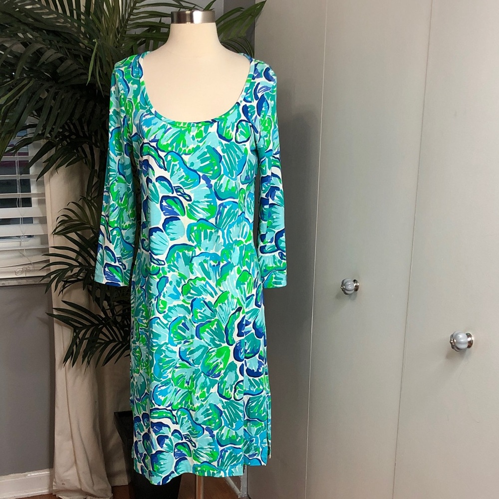 Lilly Pulitzer Blue & Green Floral Scoop-Neck Mini Dress